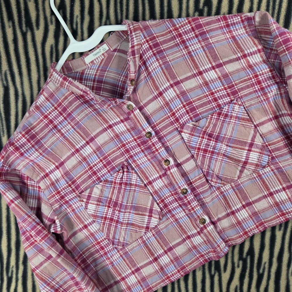 Timing Pastel Plaid Flannel Cropped Shirt Pink Purple Distressed Raw Hem Large